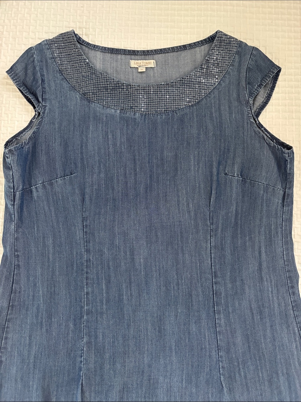 LINA TOMEI Denim Blue Cap-Sleeve Dress, size M